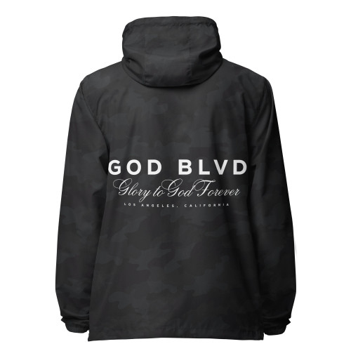 GOD BLVD - God Forever - Black Camo Lightweight Zip Up Windbreaker - Front/Back White Print