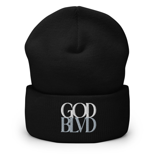 GOD BLVD - Secondary Logo - Black Cuffed Beanie - White/Grey
