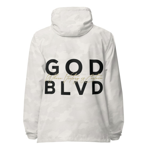 GOD BLVD - OG Logo - Black Lightweight Zip Up Windbreaker - Front/Back Black-Beige Print - Where Victory is Certain