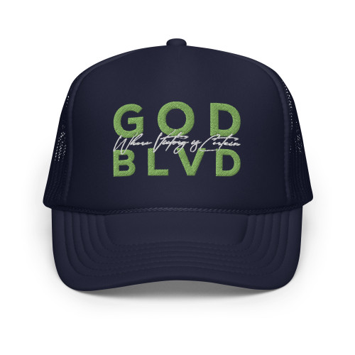 GOD BLVD - Where Victory is Certain - Navy Foam Trucker Hat - Kiwi Green/White