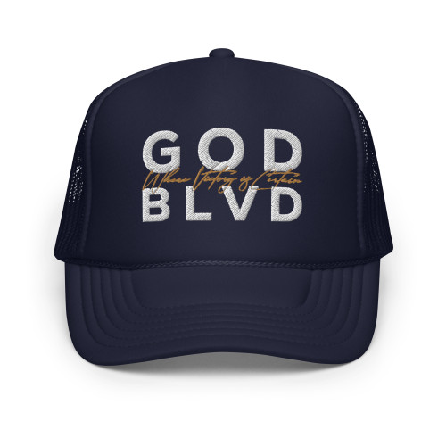 GOD BLVD - Where Victory is Certain - Navy Foam Trucker Hat - White/Old Gold