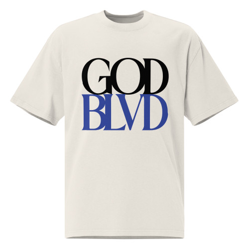 GOD BLVD - Secondary Logo - Oversized Faded Tee - Faded Bone Color - Black/Blue Print