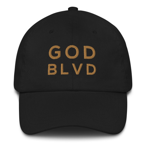 GOD BLVD - Classic Black Strapback Dad Hat (Old Gold Stitch)