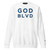 GOD BLVD - OG Logo - White Sweatshirt (Blue/White Embroidered)
