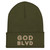 GOD BLVD - OG Logo - Olive Green Cuffed Up Beanie - Old Gold/White Embroidered