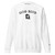 GOD BLVD - Arched with Capital G - White Premium Sweatshirt - Black Embroidered