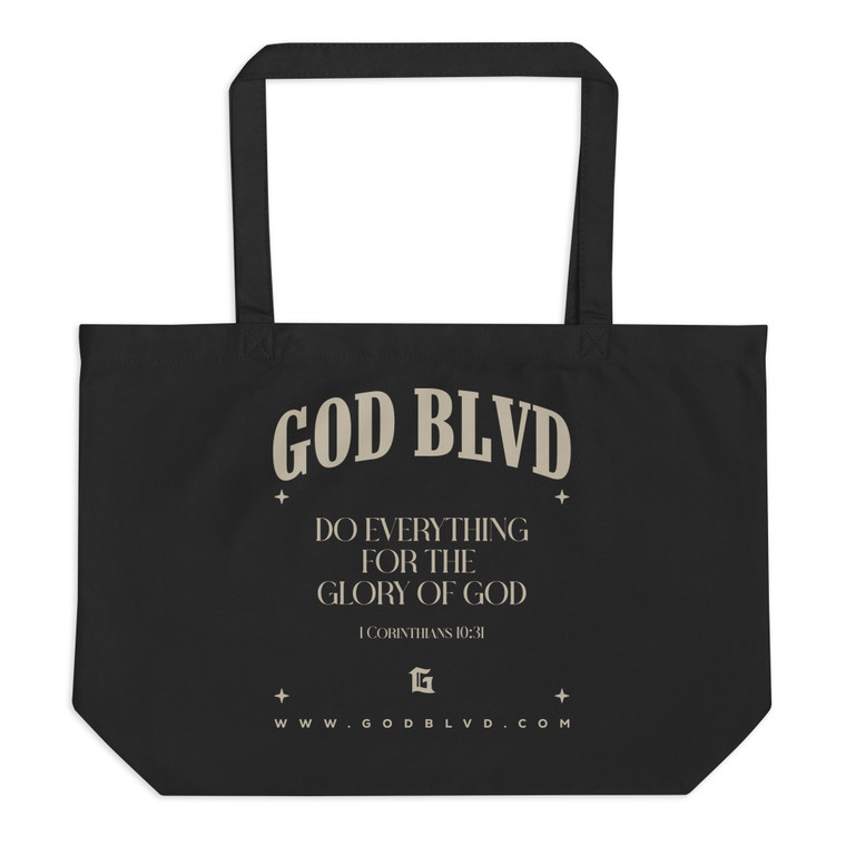 GOD BLVD - Glory of God - Beige Print - Large Black Organic Tote Bag