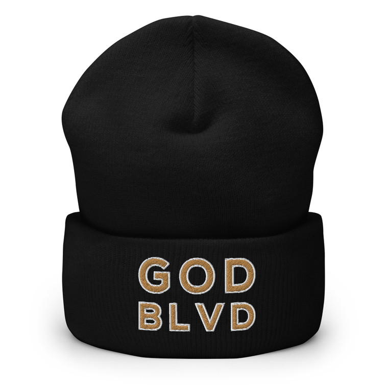 GOD BLVD - OG Logo - Black Cuffed Up Beanie - Old Gold/White Embroidery 