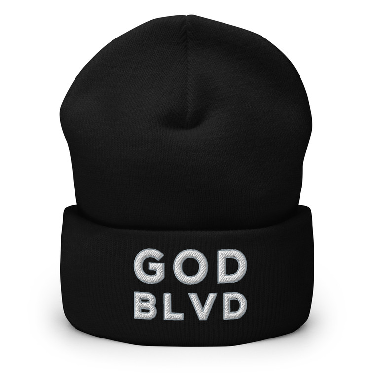 GOD BLVD - OG Logo - Black Cuffed Up Beanie - White/Grey Embroidered