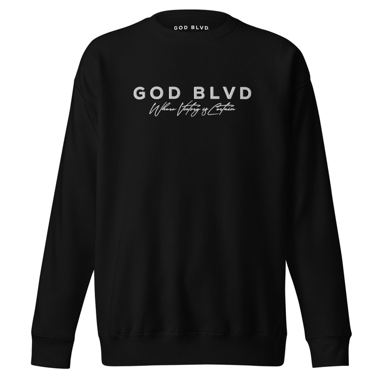 GOD BLVD - Black Premium Sweatshirt - Victory - White Embroidered