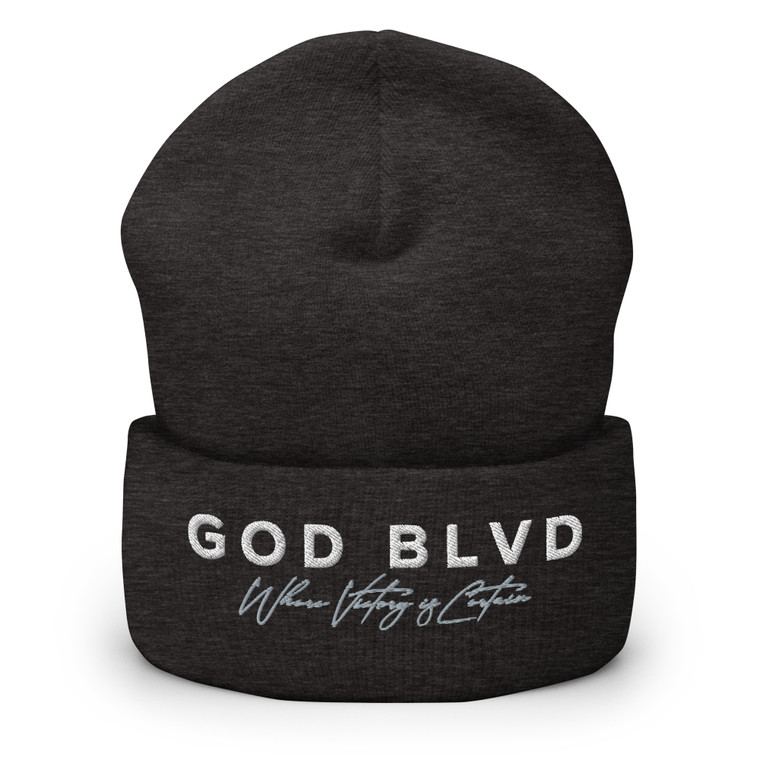 GOD BLVD - Victory - Dark Grey Cuffed Beanie - White/Gray Embroidered