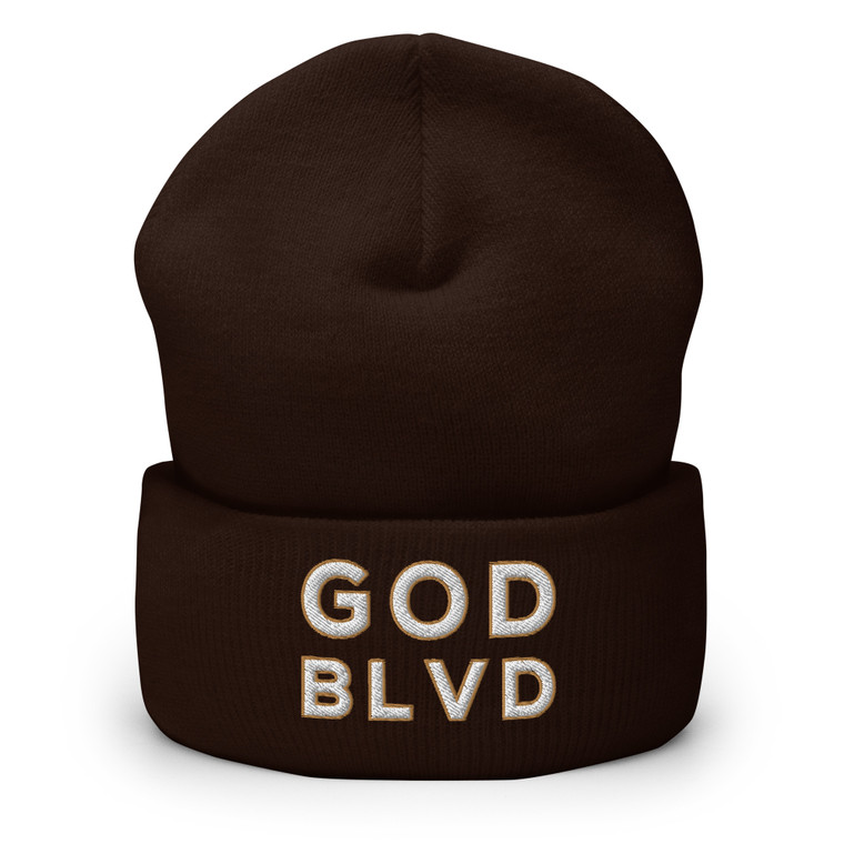 GOD BLVD - OG Logo - Brown Cuffed Up Beanie - White/Old Gold Embroidered