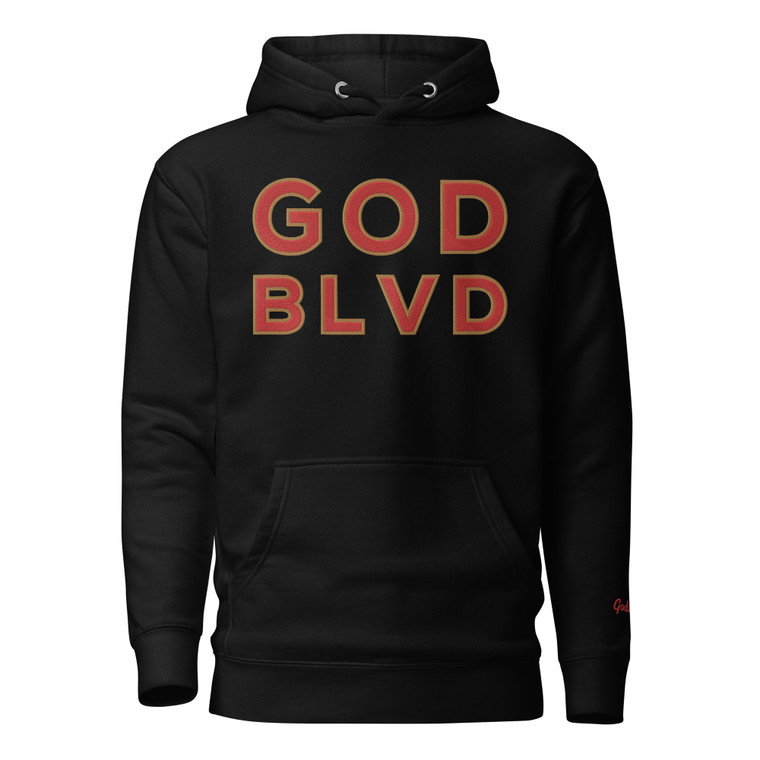 GOD BLVD - Embroidered OG Logo - Black Premium Hoodie (Red/Old Gold)