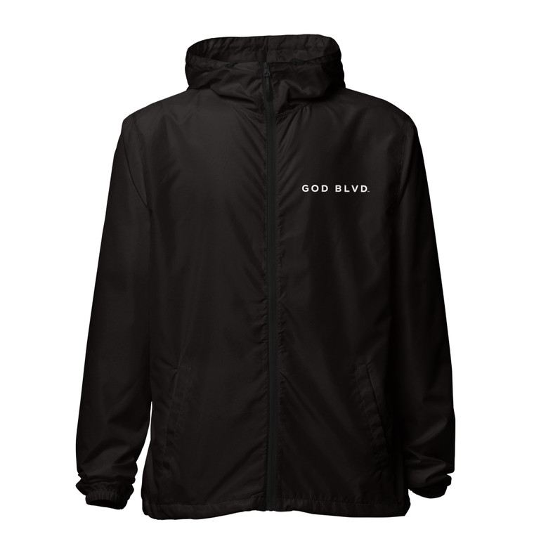 GOD BLVD - OG Logo - Black Lightweight Zip Up Windbreaker - Front/Back White Print