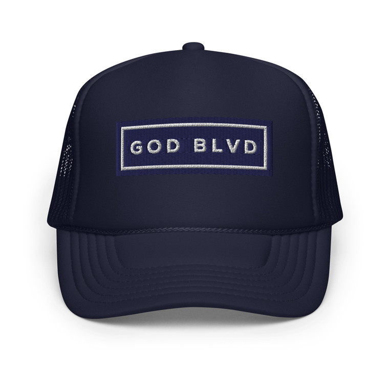 GOD BLVD - Navy Foam Trucker Hat - White Sign