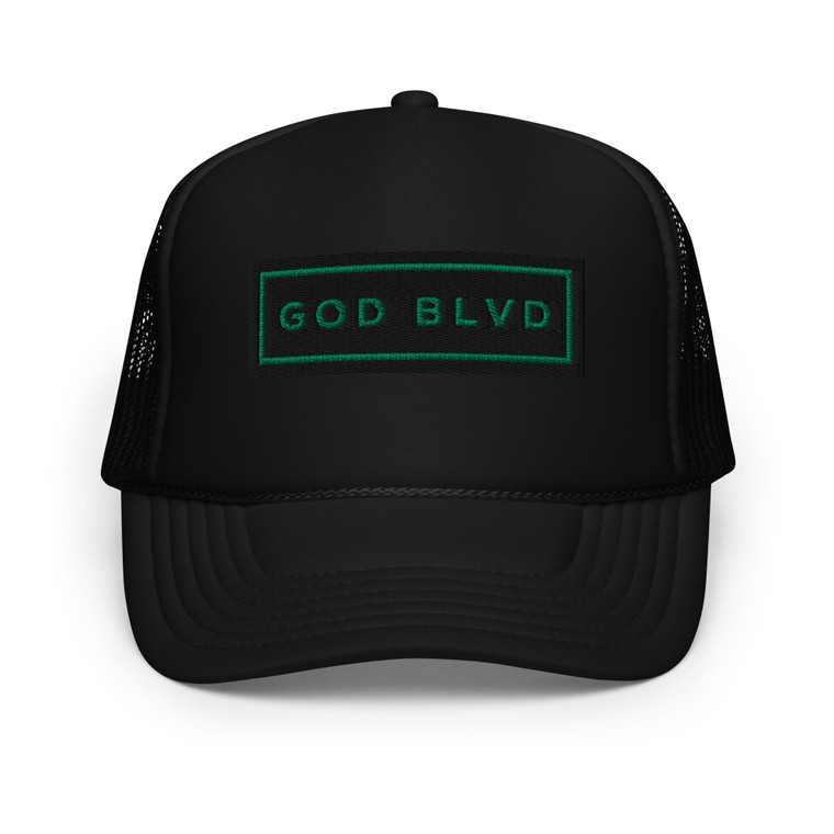 GOD BLVD - Black Foam Trucker Hat - Kelly Green/Black Sign