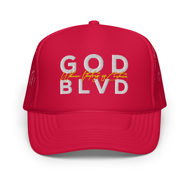 GOD BLVD - Where Victory is Certain - Red Foam Trucker Hat - White/Gold