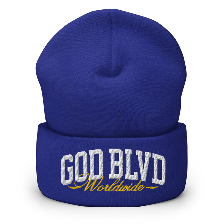 GOD BLVD - Worldwide - Blue Cuffed Beanie - White/Gold