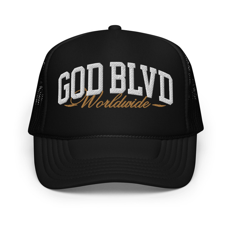 GOD BLVD - Worldwide - Black Foam Trucker Hat - White/Old Gold