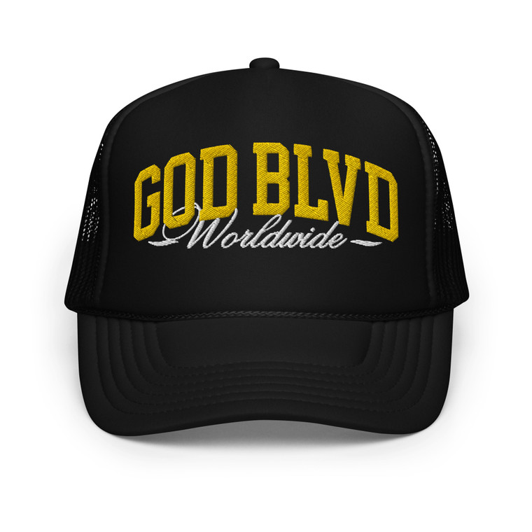 GOD BLVD - Worldwide - Black Foam Trucker Hat - Gold/White