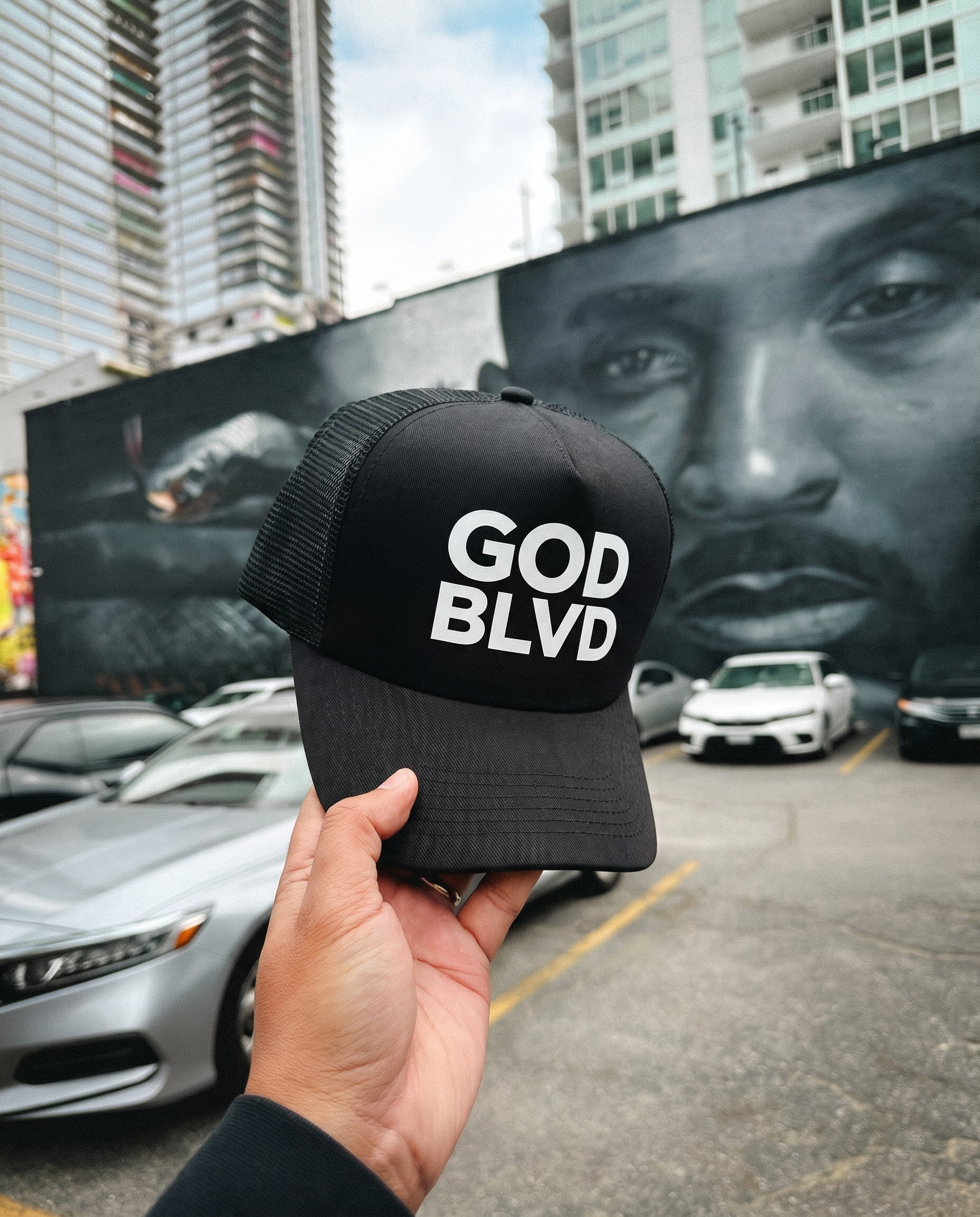 God Blvd Black Foam Hat - White Print