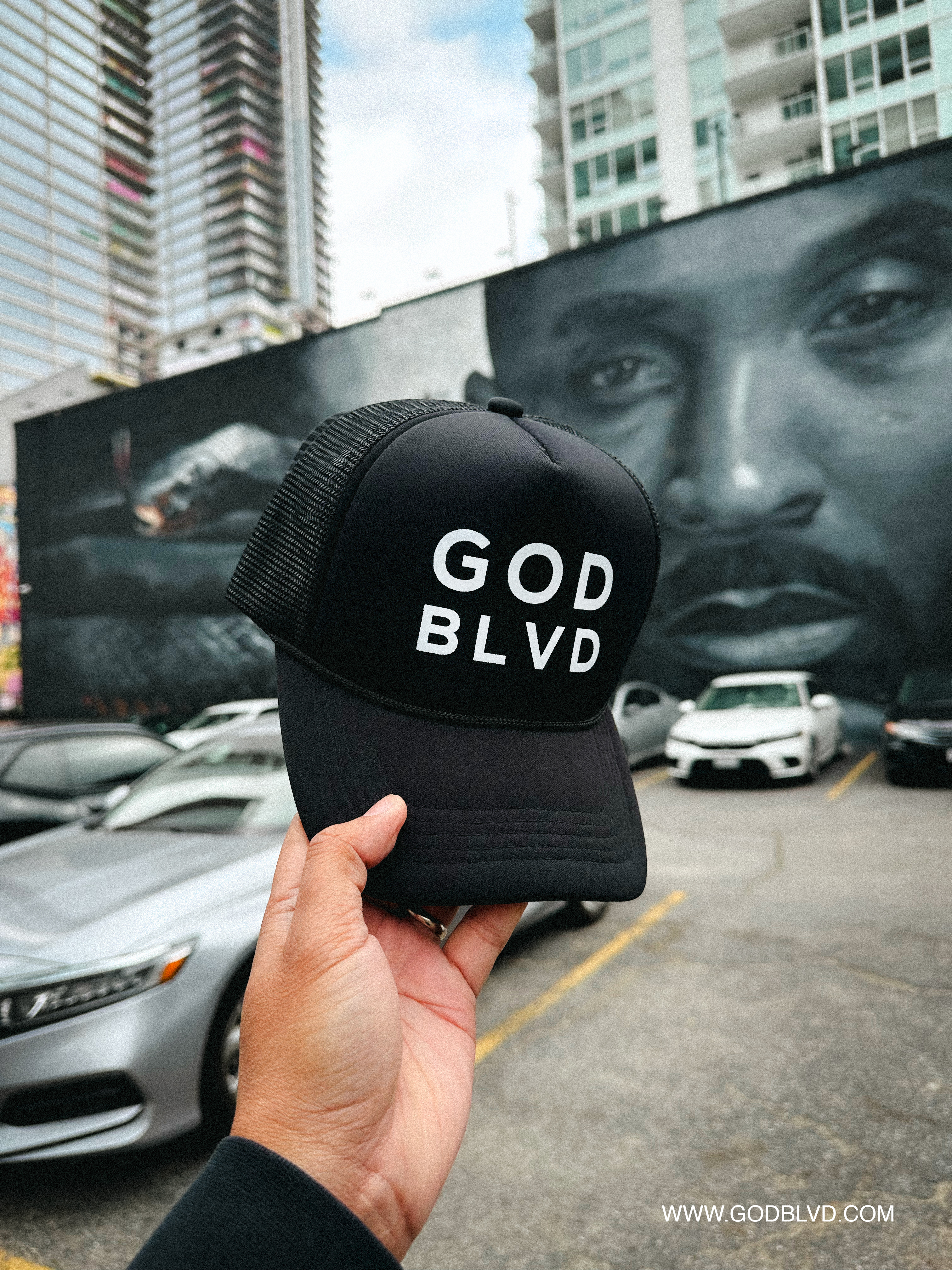 God Blvd Black Foam Hat - White Print