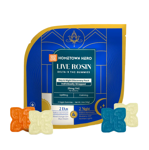 25mg Delta-9 THC Live Rosin Chews - Day (S) & Night (I) - 100mg pk, Hometown Hero, Edible, Swin Dispensaries 25mg Delta-9 THC Live Rosin Chews - Day (S) & Night (I) - 100mg pk, Hometown Hero, Edible, Swin Dispensaries