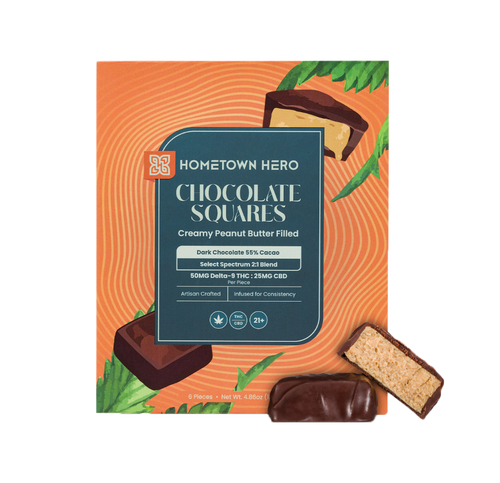 50mg Delta-9 THC Peanut Butter Dark Chocolate Squares - 300mg pk, Edible, Hometown Hero, Swin Dispensaries