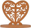 A heart-styled scroll saw piece with a cross and flowers in the center of it on a wooden base after using our Four Mini Hearts Clock Plan.