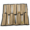 The Seven pieces of the Stryi Wood turning tool set in their burlap style tool roll.