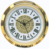 A white with gold embossings and black embellishments faced mini clock insert with black Roman numerals and a gold bezel.
