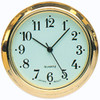 A mint green faced mini clock insert with black Arabic numbers and a gold bezel