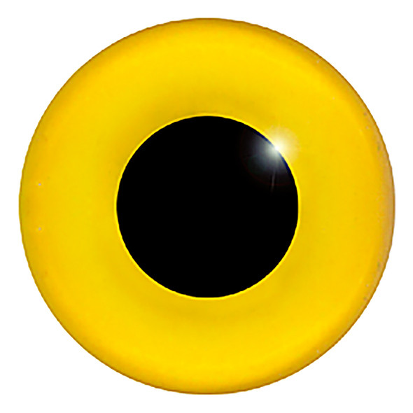 A straight on view of the front of a yellow glass eye showing the black pupil.