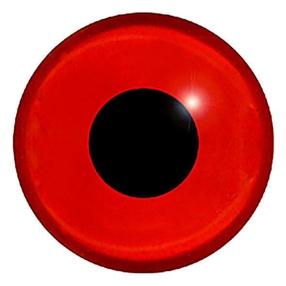 A straight on view of the front of a red glass eye showing the black pupil.
