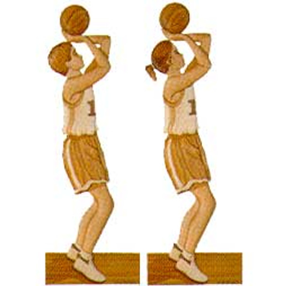 A finished boy playing basketball intarsia plan and a finished girl playing basketball intarsia plan.