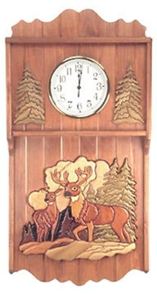 A finished clock with two deer a buck and a doe in the woods looking forward with pine trees behind them and pine trees next to the clock insert using the Deer Scene Clock Plan.