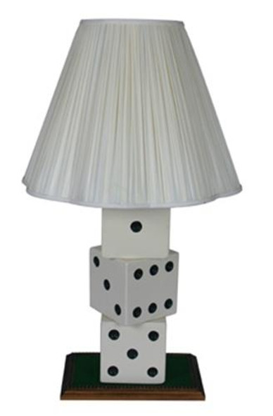 A view of the Dice Lamp after it has been built. Showing the dice on a black base and a lampshade on top.