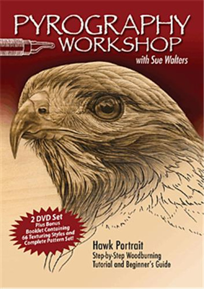 The front cover of Pyrography Workshop DVD is showing a hawk that you can wood burn.