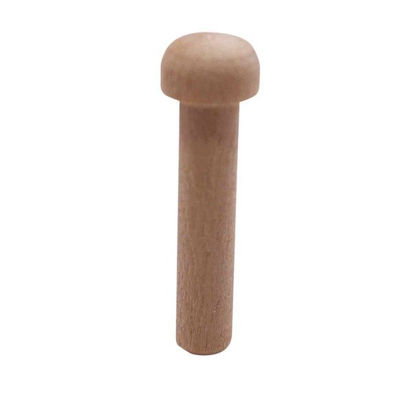 A wood peg standing upright showing the entire length of the peg.