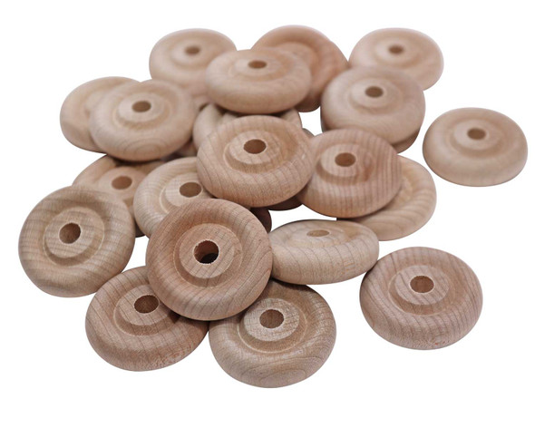 A group of 1 1/4" thin wooden toy wheels.