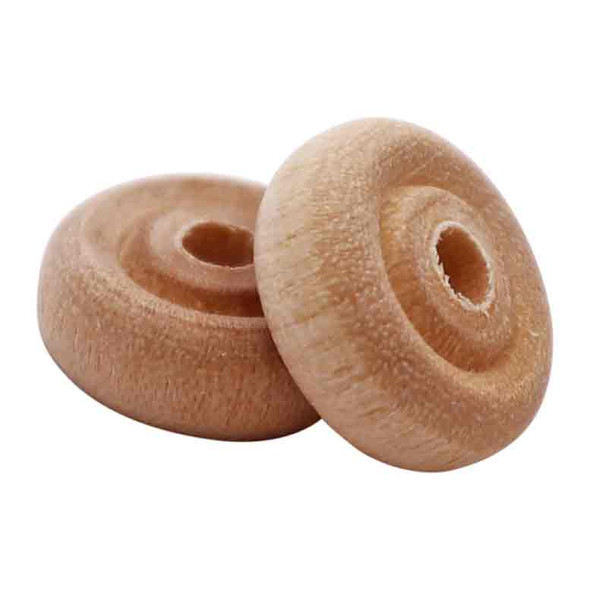 A pair of small wooden toy wheels.