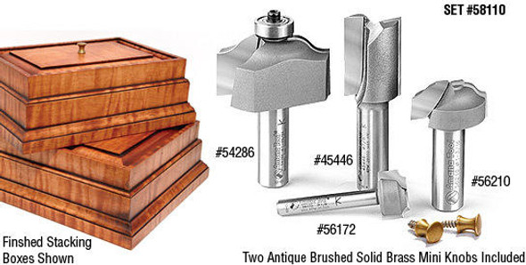 This image of the Amana Stacking Boxes 4 Piece Set shows two boxes an Ogee groove router, bit, Straight plunge router bit, beading groove router bit, and a molding router bit with ball bearing, and two antique brass knobs. 