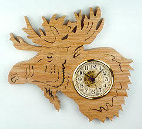 The built Hanging Moose Scroll Saw Clock with a clock insert on the lower shoulder.