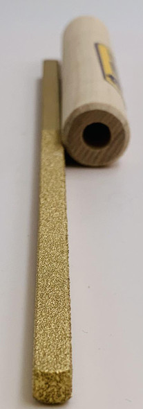 A close view of the Dura-Grit Carbide 1/4 Square File 60/120 Grit and the wood handle next to it.
