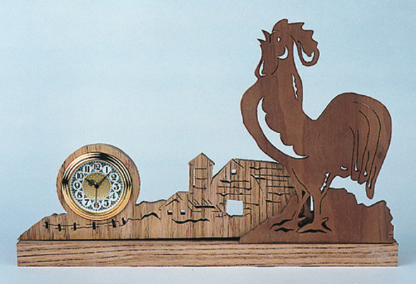 Finished Rooster Scroll Saw Clock made from walnut plywood with a large rooster crowing, farm buildings, and a clock insert.