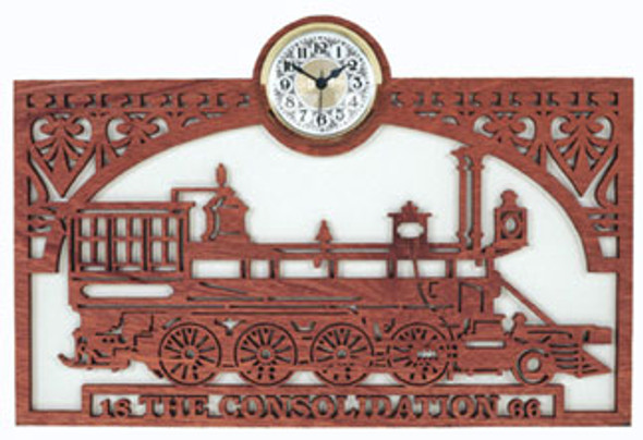 A completely built scroll sawn wall hanging Consolidation Train made from cherry with a train in a frame,  a clock insert above and the trains name and year are scrolled on the bottom of the frame.