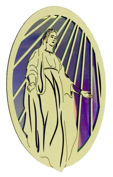 This finished scroll sawn art piece is from the Virgin Mary scroll saw pattern.  It is shown in light colored wood with a purplish background and rays of light casting upon the Virgin Mary.