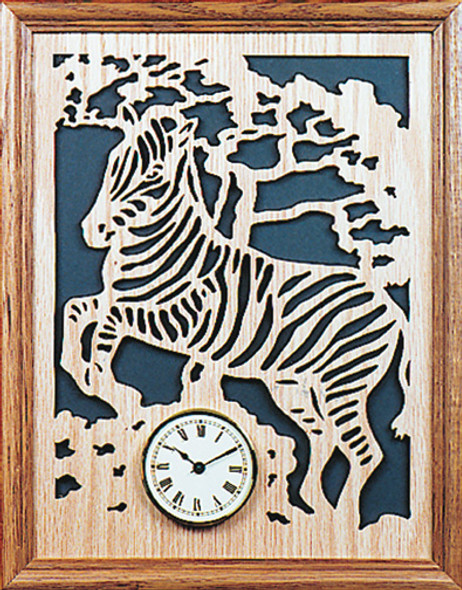 This is the finished scroll saw pattern with a Zebra on its hind legs and a clock insert below, using the Zebra Combo Pattern.