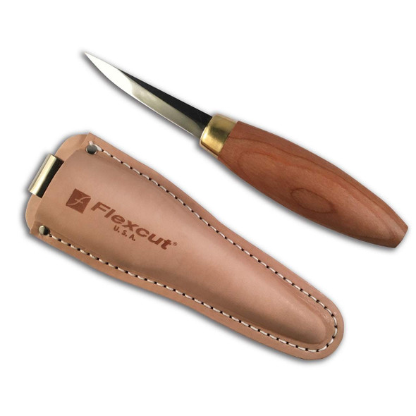 The sloyd knife with cherry handle, brass ferrule and 2 7/8" long blade beside a leather sheath to hold the carving knife.