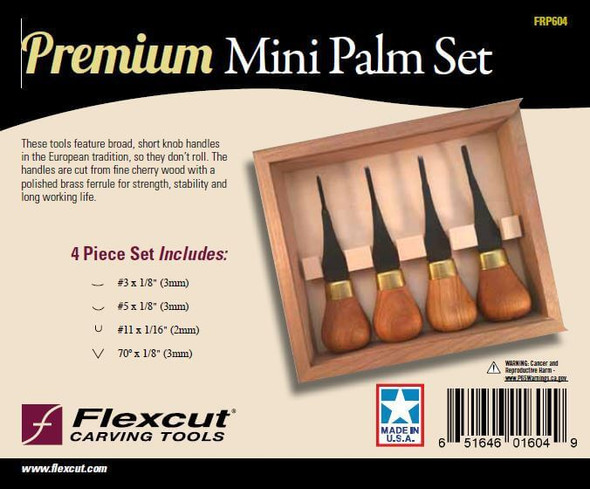 The front of the case of the Flexcut Premium mini palm set showing the wood carving set.  The cover also defines which tools are included and what sizes of carving tools, veiners and v-tools.